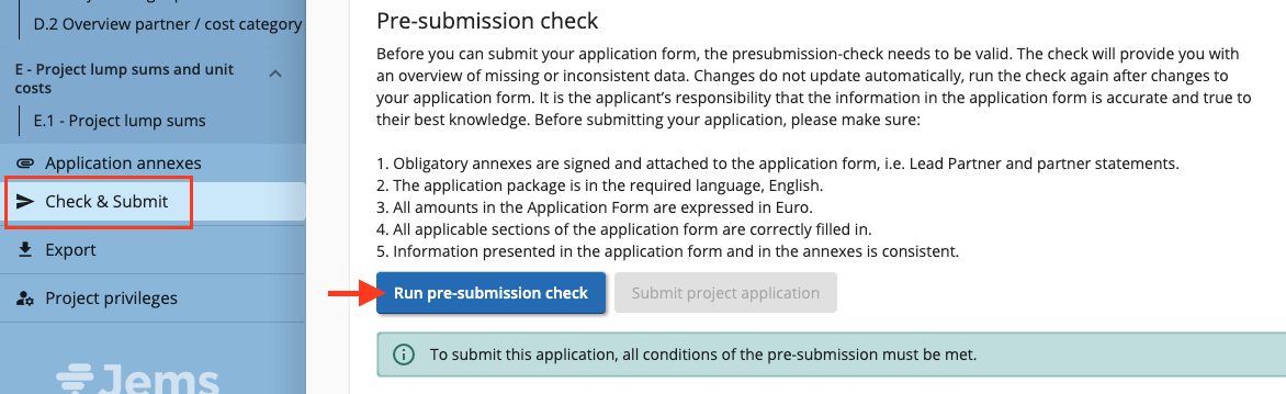 Screenshot showing the Pre-submissioncheck button in Jems