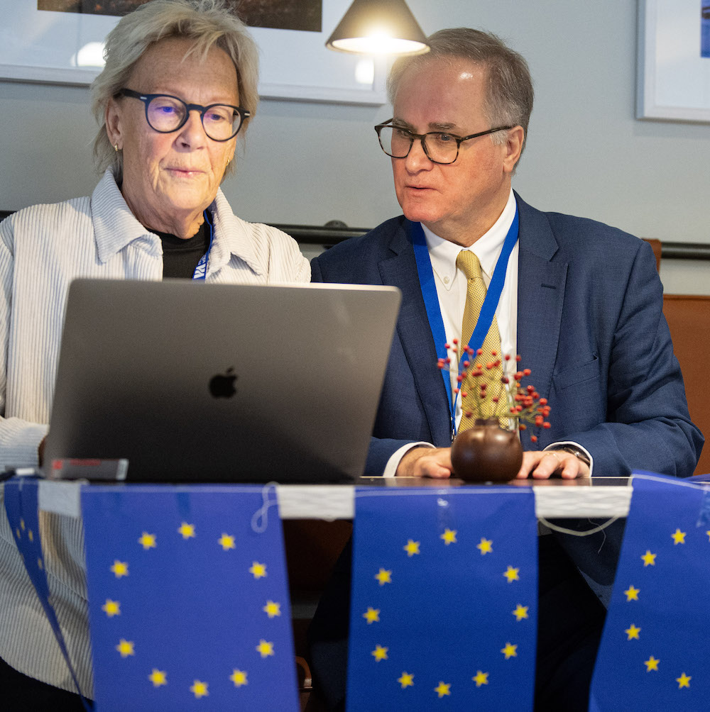 Christopher from the Secretariat works together with a Lead partner in front of a computer