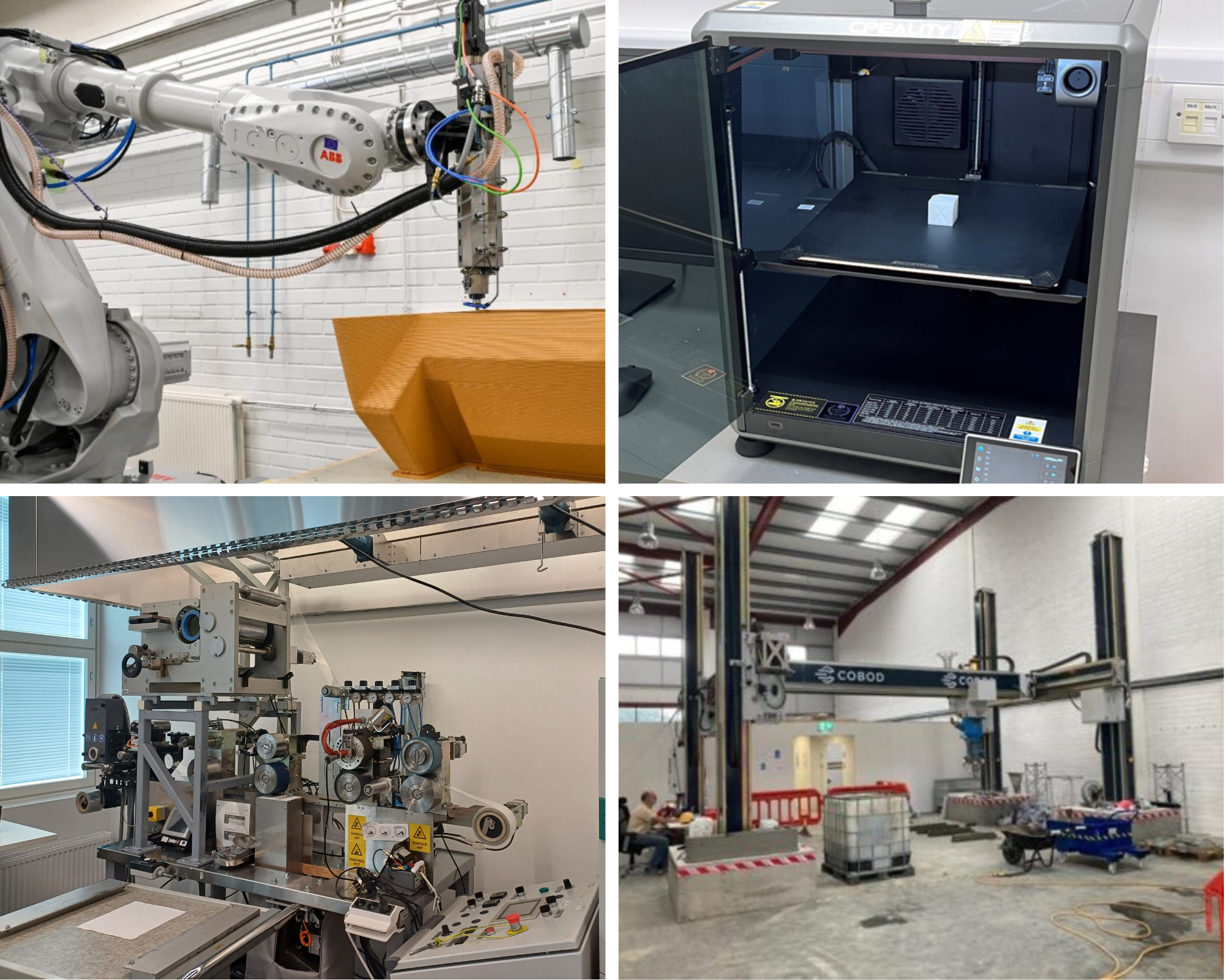 Collage showing four examples of additive manufacturing: a robot-assisted 3D printer using wood-based filament, a standard FDM desktop printer, a roll-to-roll electronic printer, and a large concrete 3D printer operating in the centre of a workshop space.