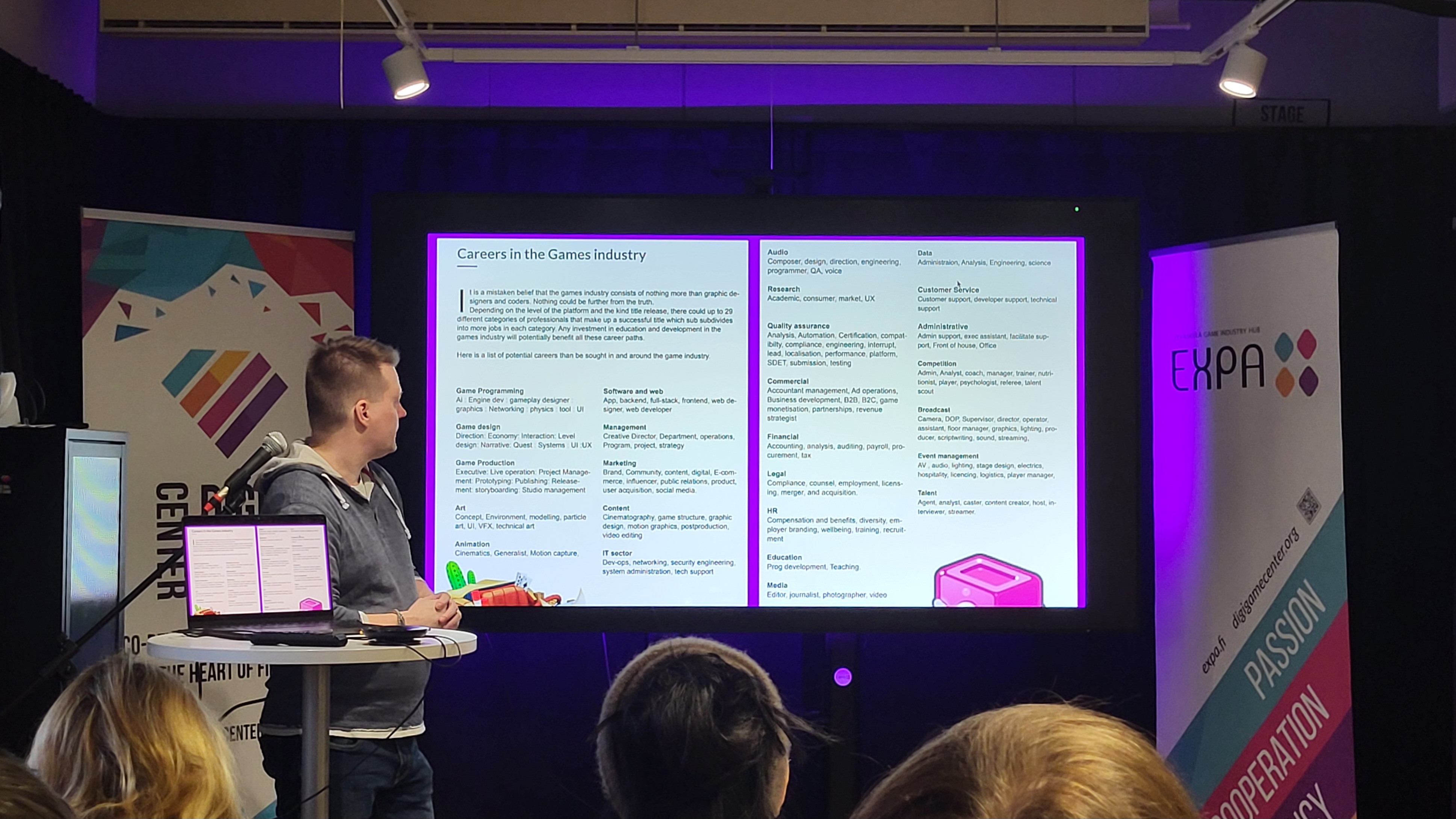 During the presentation, an Expa co-founder and board member Tuomas Roininen illustrates the broad range of professions the games industry employs beyond programmers.