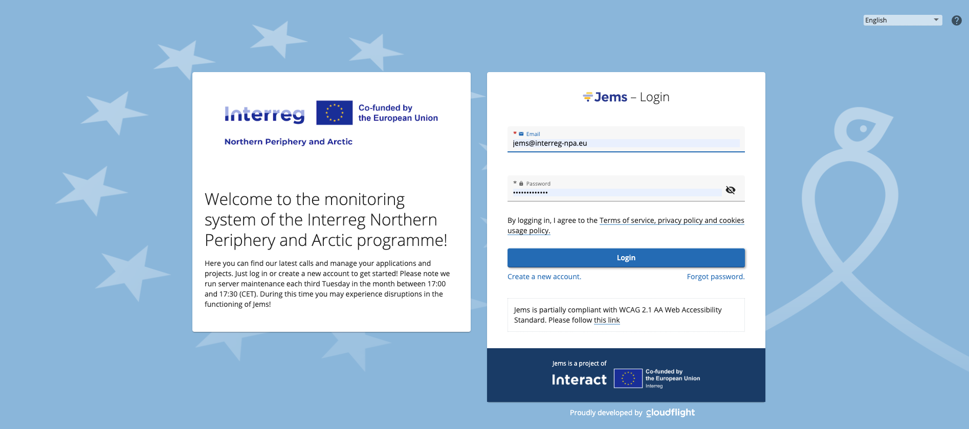 Screenshot of Jems landing page